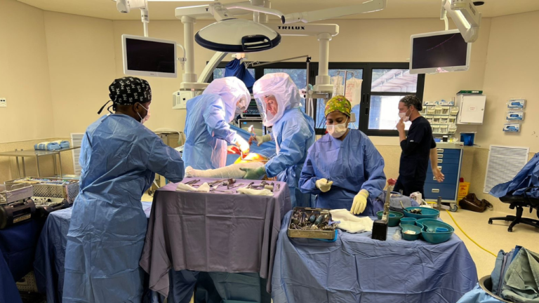 The theatre team working around the instrument trolley during surgery.