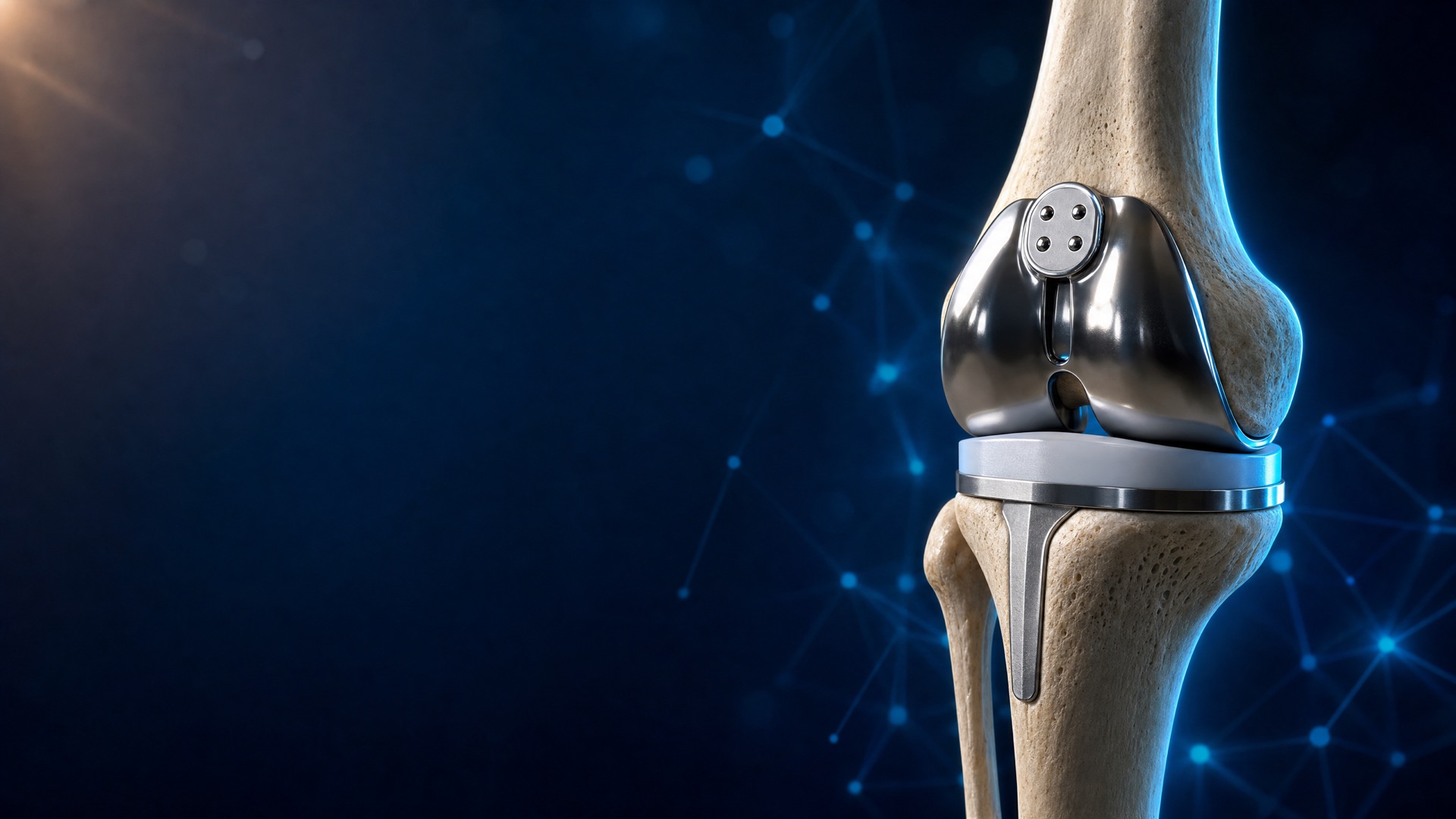 A total knee replacement in place — the metal femoral component and tibial tray fitted to the bone.